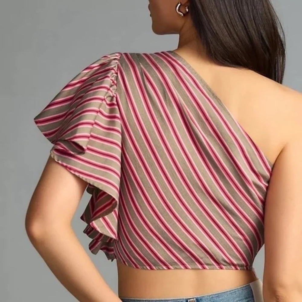 NWT Anthropologie Maeve One Shoulder Ruffle Striped Top Large - Picture 3 of 4